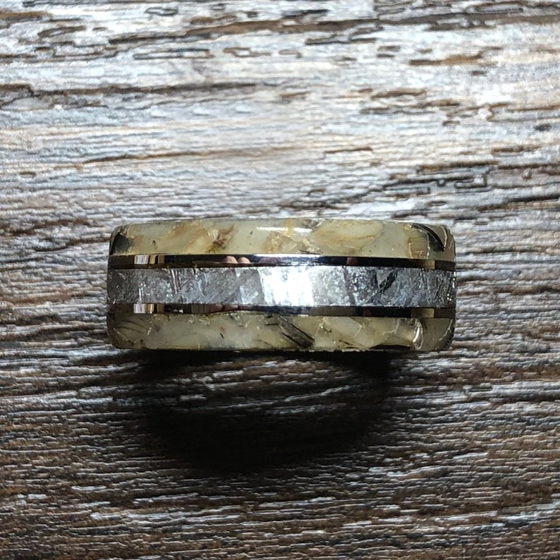 8mm wide cobalt wedding band with a Gibeon meteorite center inlay and off-white abalone shell edges