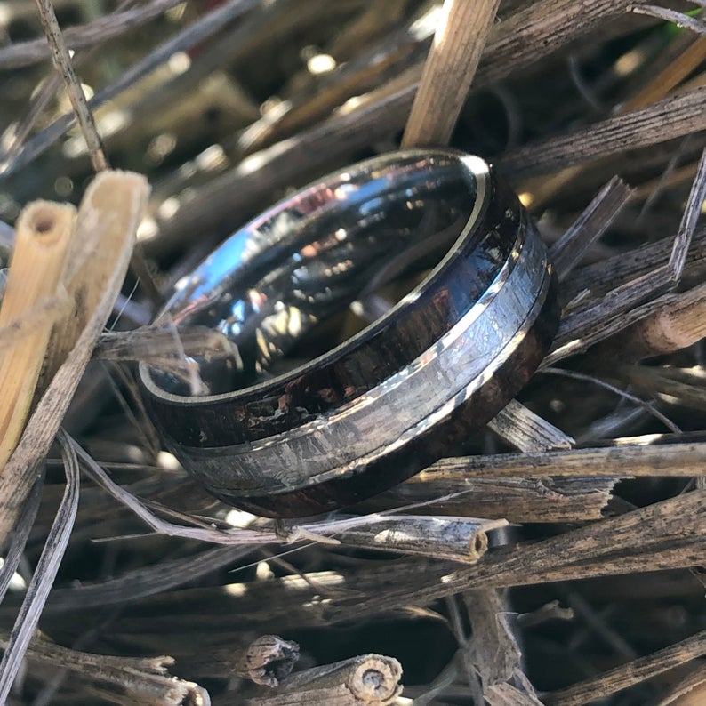 8mm wide men&#39;s cobalt ring with a Gibeon meteorite center inlay and Arizona ironwood edges