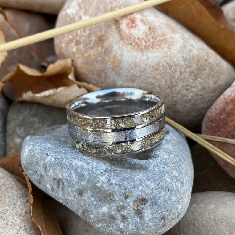 9mm wide memorial ring with cobalt sleeve, a Gibeon meteorite center inlay, and dual ash edge inlays