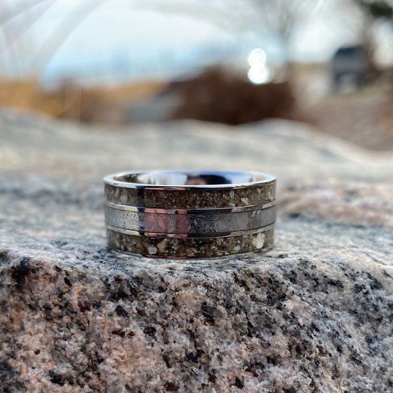 9mm wide memorial ring with cobalt sleeve, a Gibeon meteorite center inlay, and dual ash edge inlays