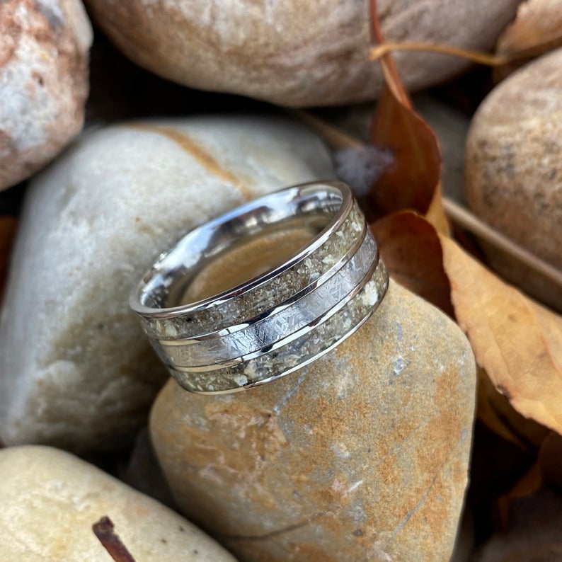 9mm wide memorial ring with cobalt sleeve, a Gibeon meteorite center inlay, and dual ash edge inlays