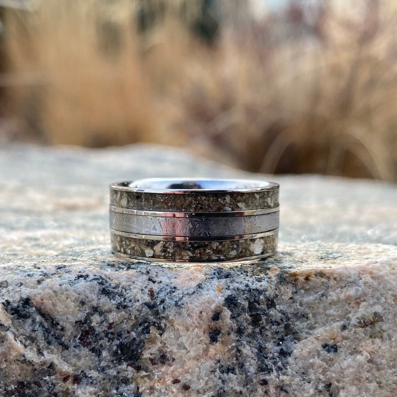 9mm wide memorial ring with cobalt sleeve, a Gibeon meteorite center inlay, and dual ash edge inlays