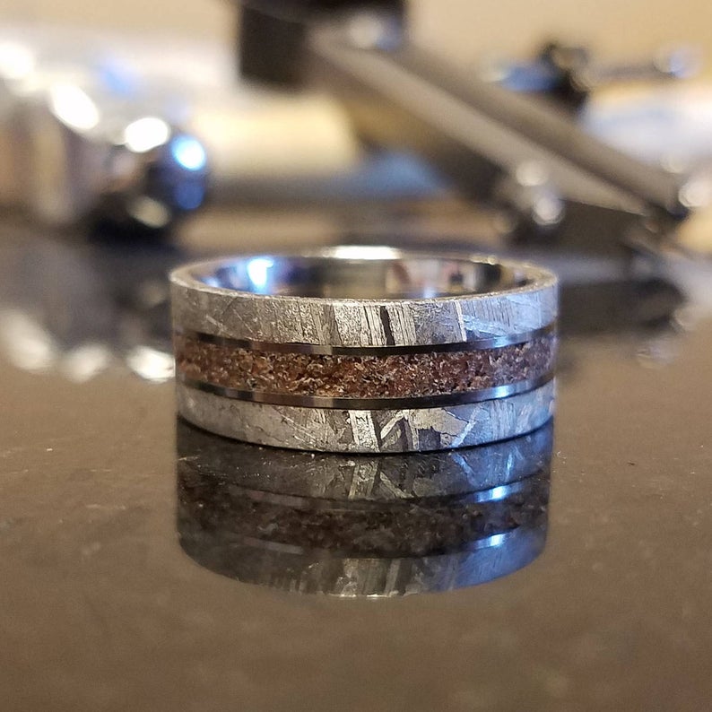 8mm wide Gibeon meteorite wedding ring for men with a dinosaur bone centered inlay with titanium sleeve