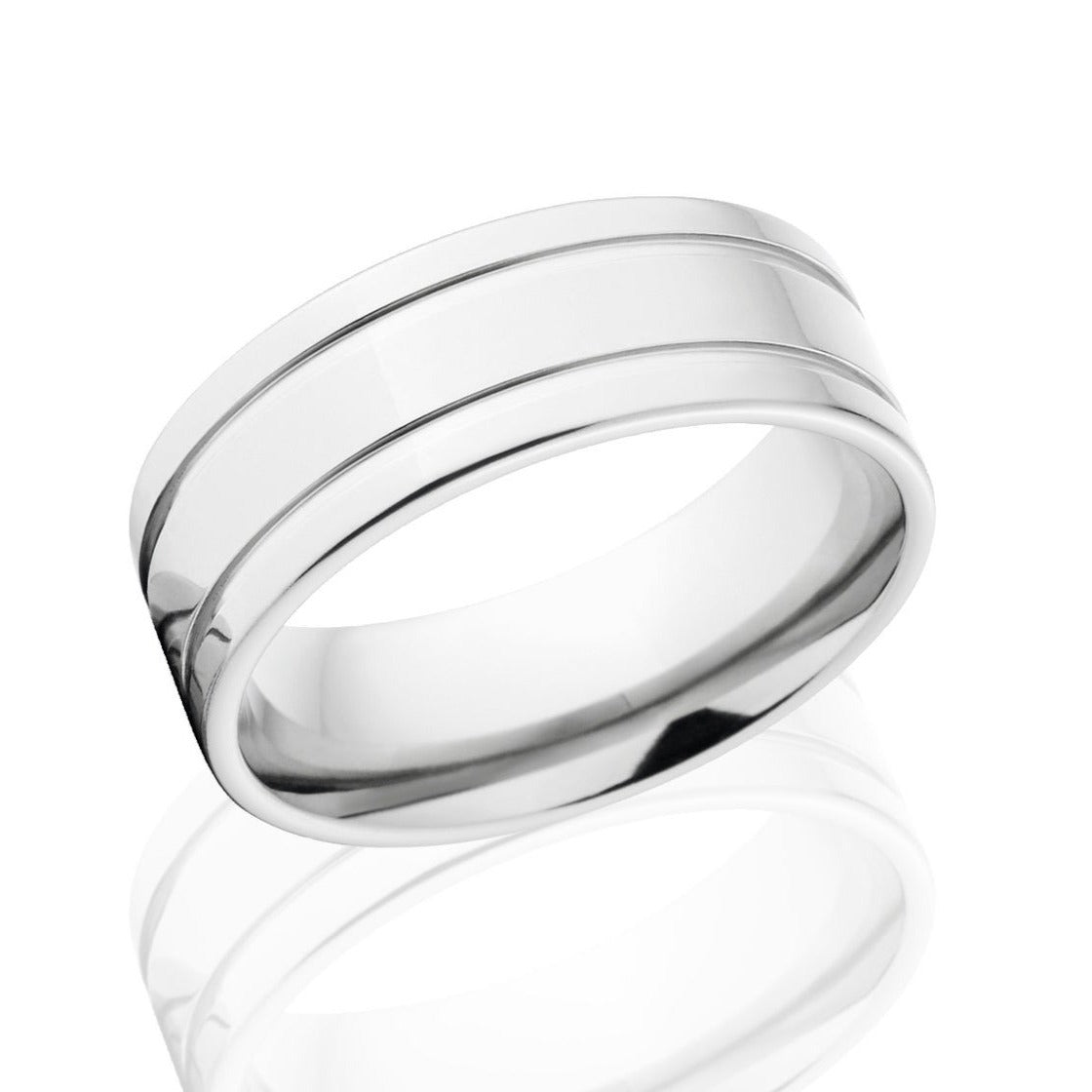 8mm wide cobalt wedding band with dual edge grooves and a flat profile