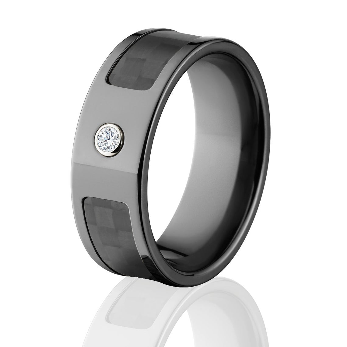 8mm wide black zirconium ring with black carbon fiber inlay and a bezel set diamond