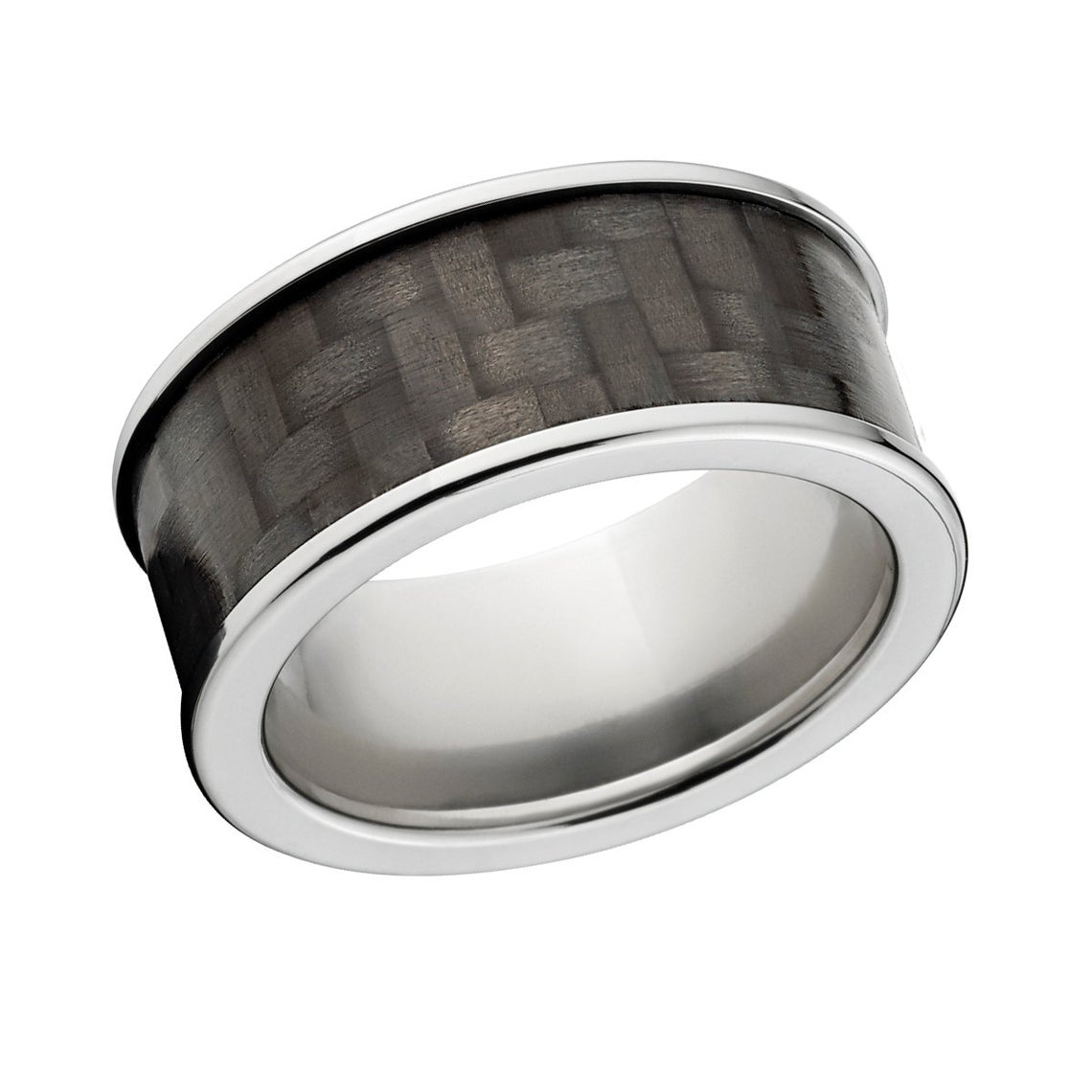 9mm wide black carbon fiber wedding band with titanium edges and a flat profile