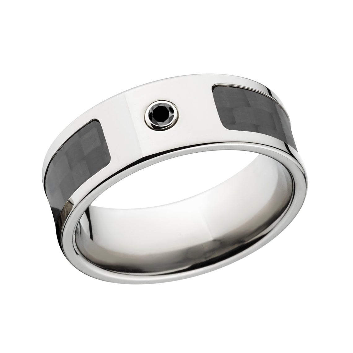 8mm wide titanium ring with a black carbon fiber ring and a bezel set black diamond