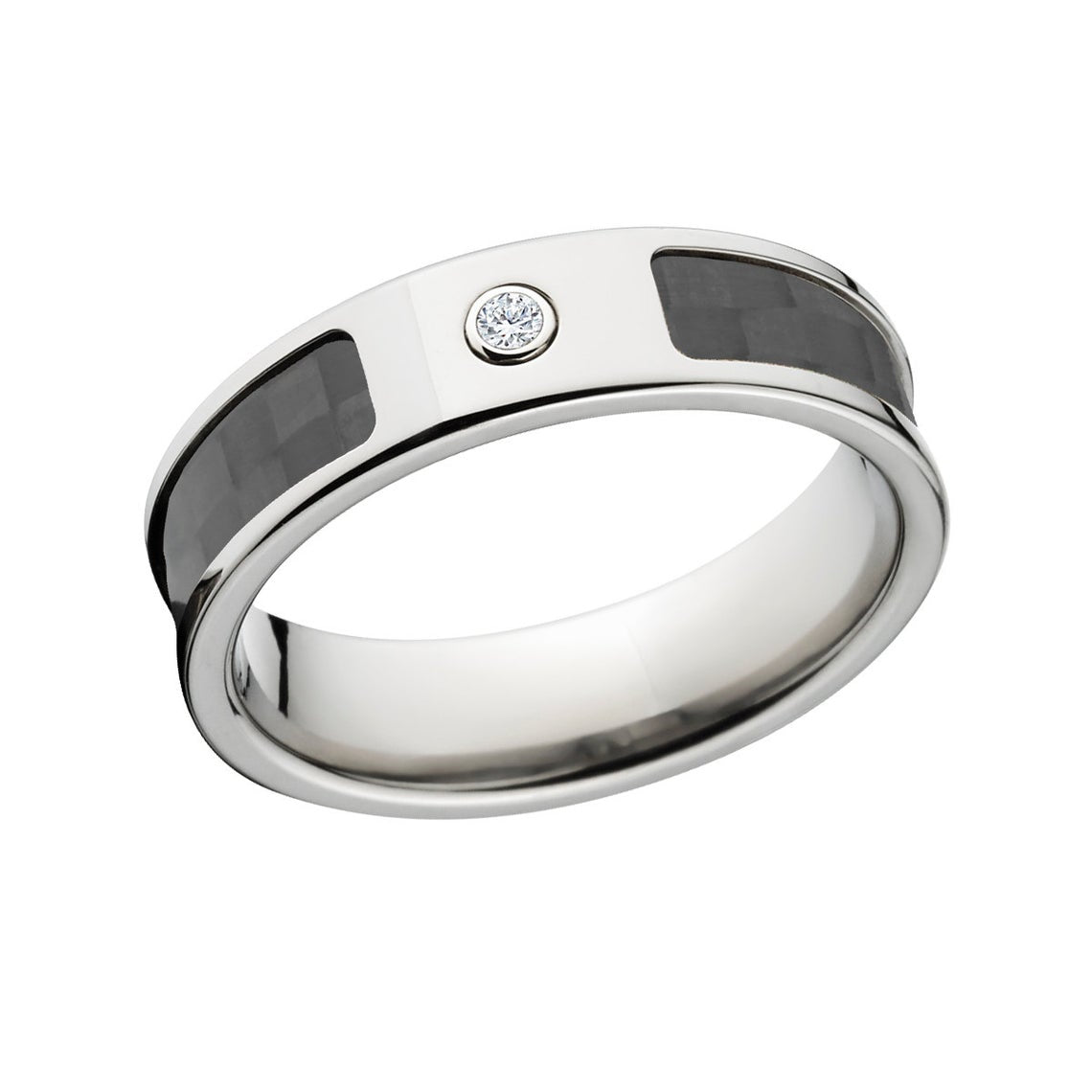6mm wide titanium ring with black carbon fiber inlay and bezel set diamond