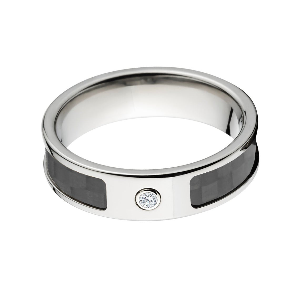 6mm wide titanium ring with black carbon fiber inlay and bezel set diamond