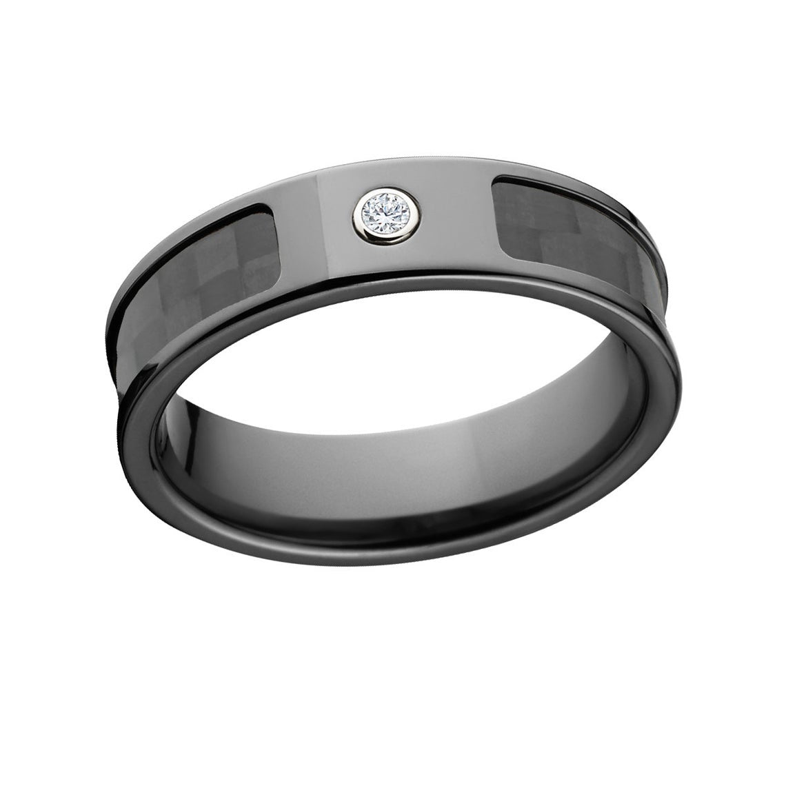 8mm wide black carbon fiber ring with black zirconium edges and a bezel set diamond
