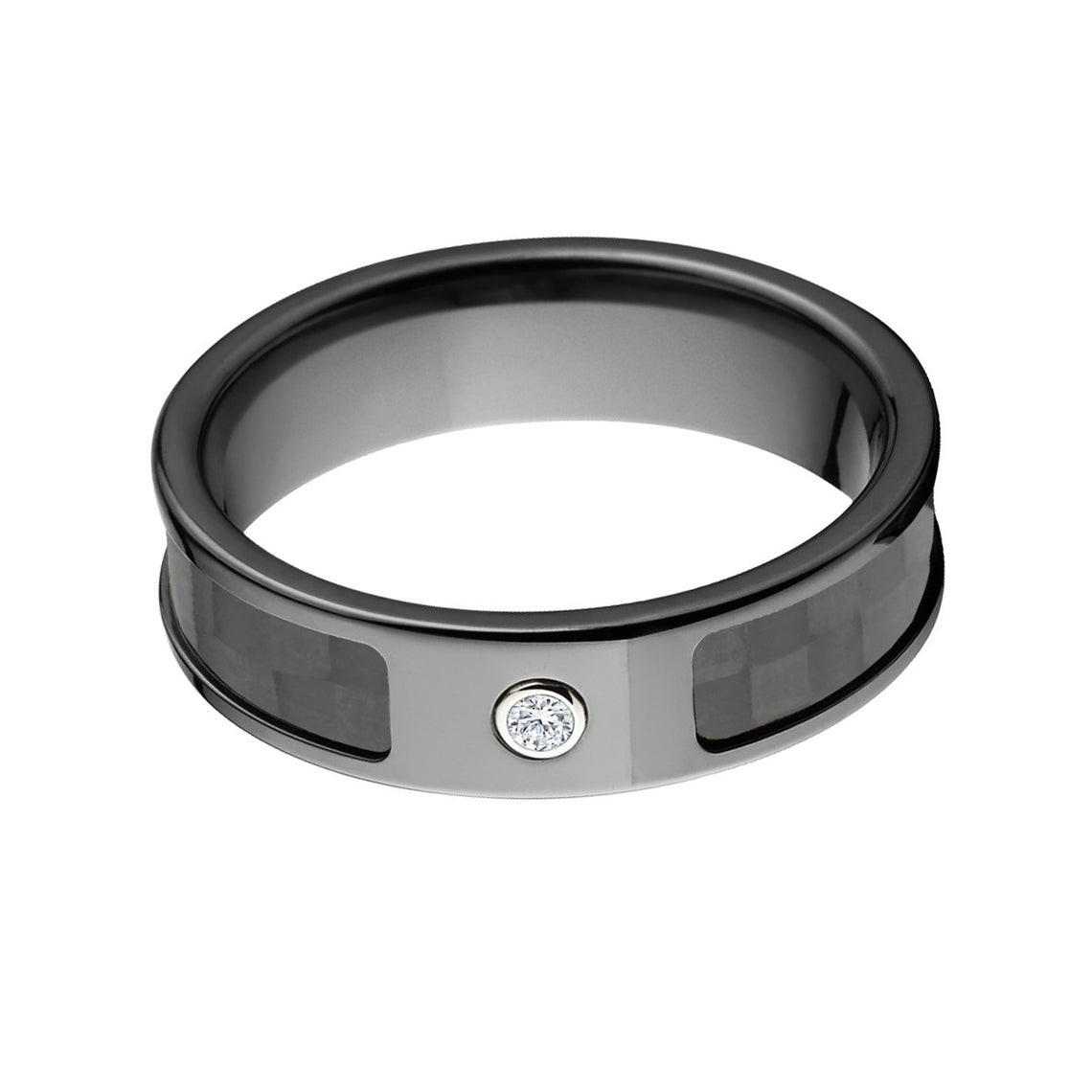 8mm wide black carbon fiber ring with black zirconium edges and a bezel set diamond