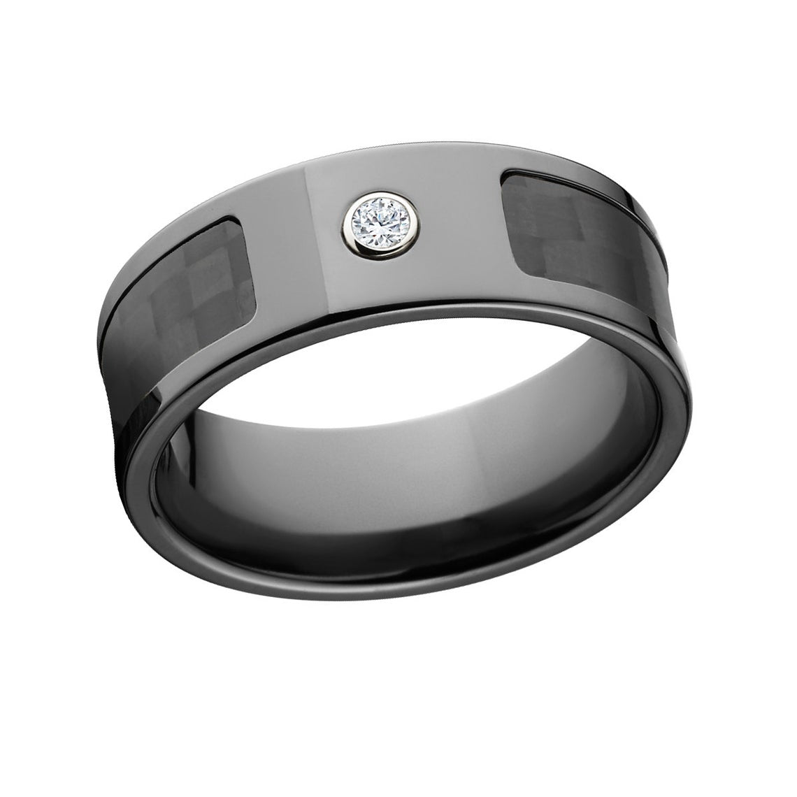 8mm wide black zirconium ring with black carbon fiber inlay and a bezel set diamond