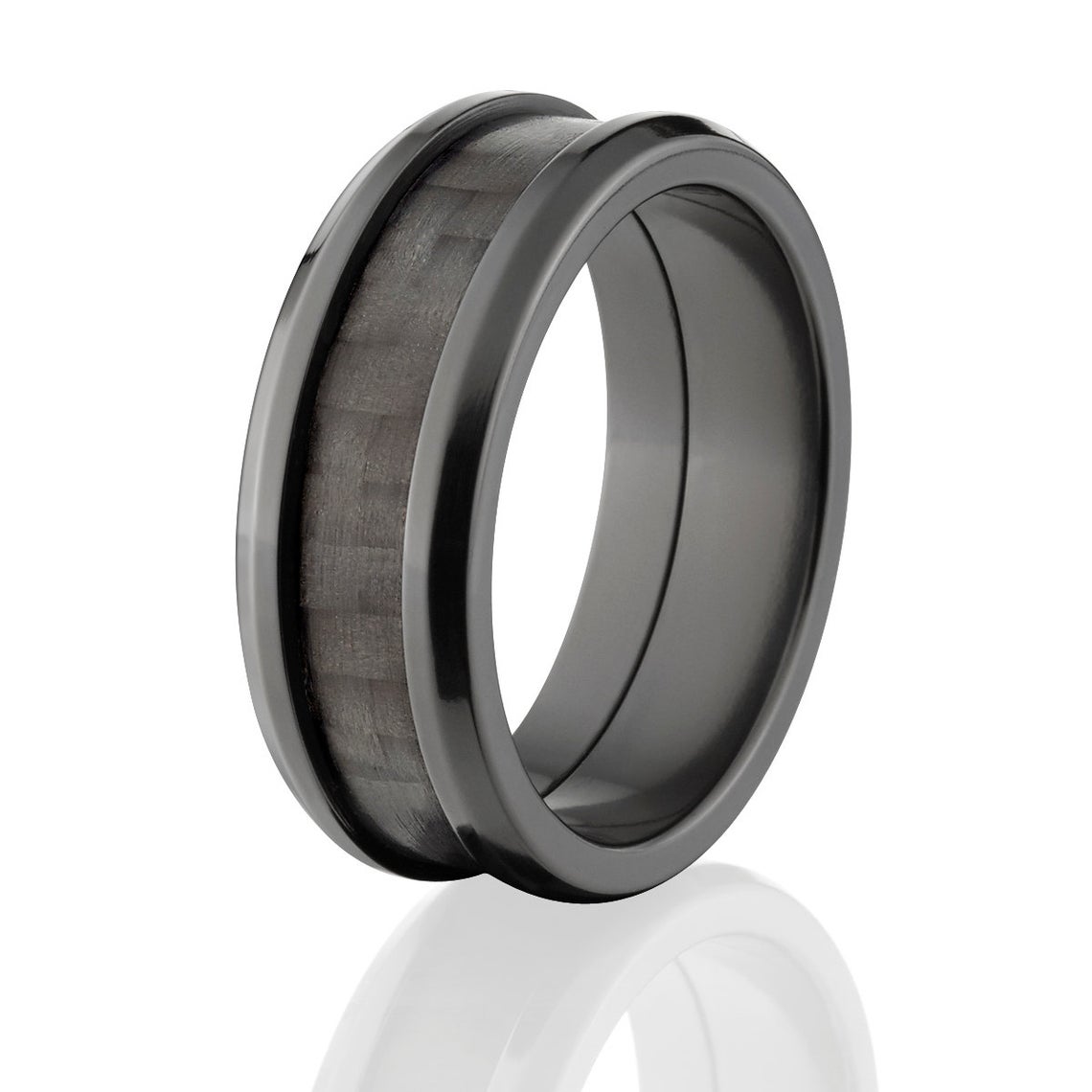 8mm wide black zirconium ring with a black carbon fiber inlay