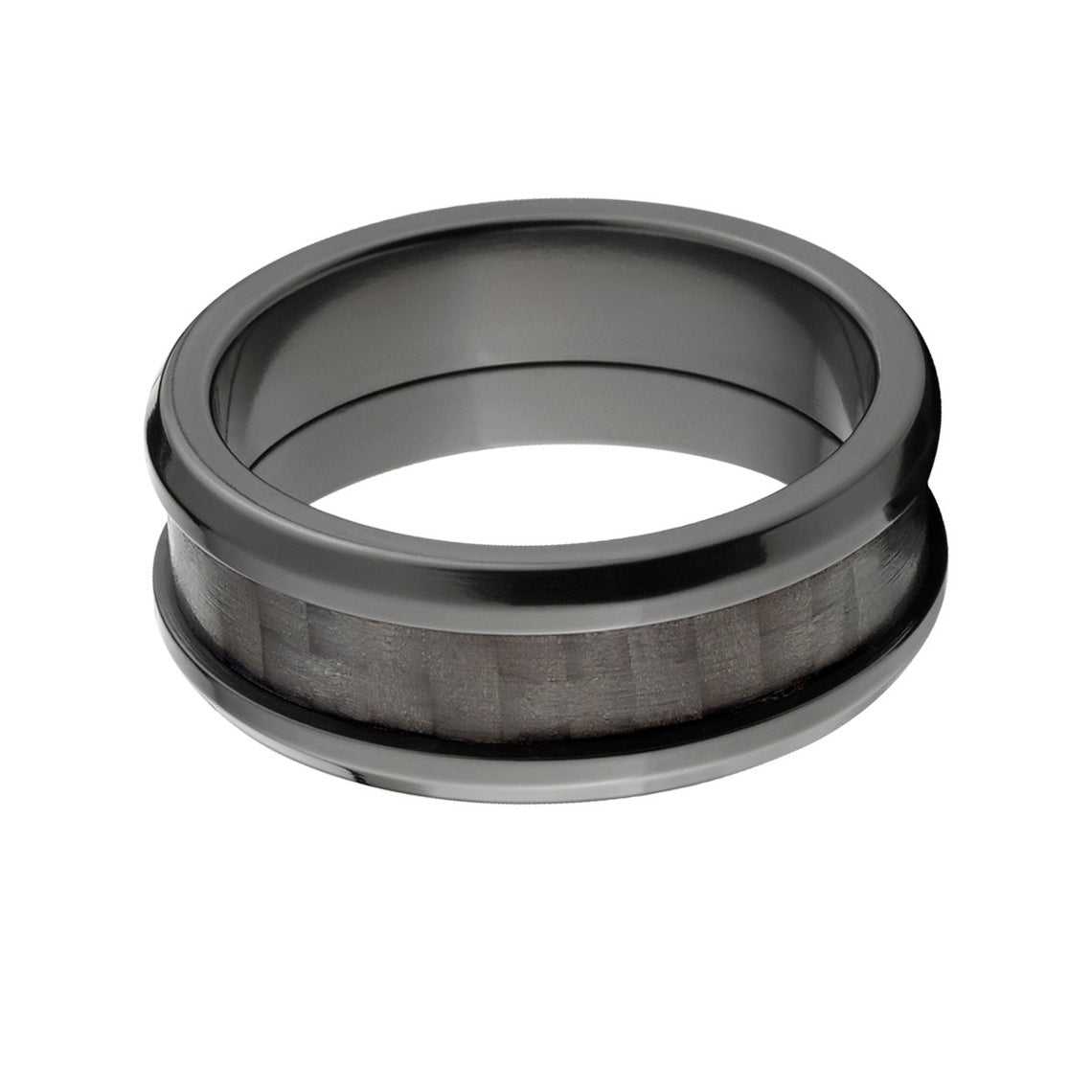 8mm wide black zirconium ring with a black carbon fiber inlay