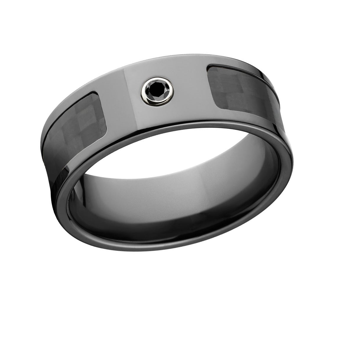 8mm wide black zirconium ring with a black carbon fiber inlay and a bezel set black diamond