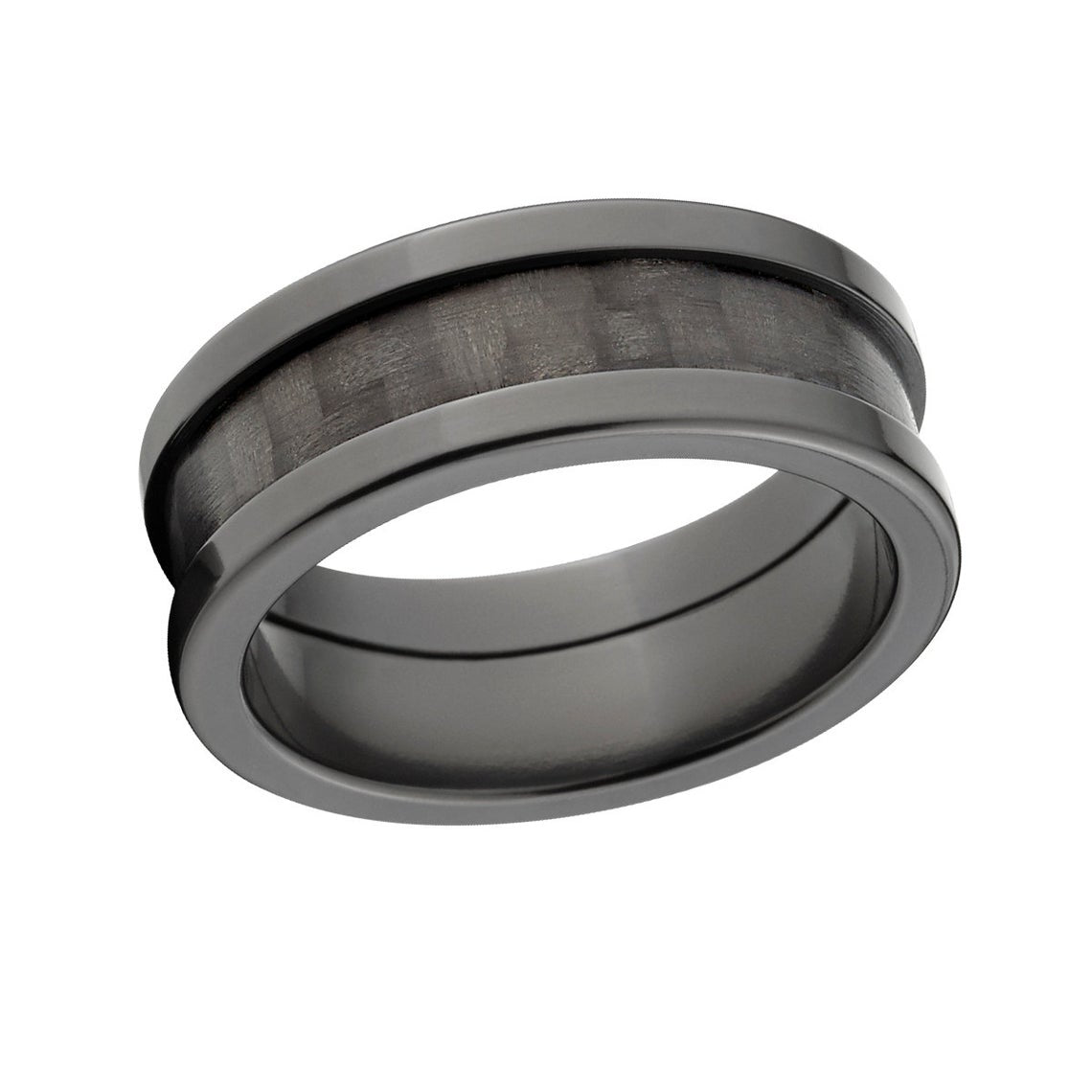 8mm wide black zirconium ring with wide edges and a black carbon fiber inlay