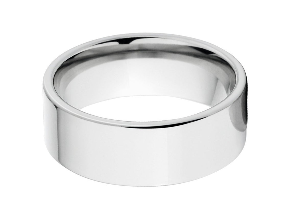 8mm wide cobalt wedding band with a polish finish and flat profile