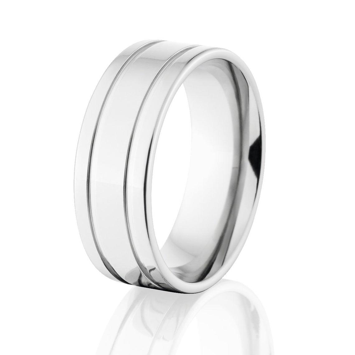 8mm wide cobalt wedding band with dual edge grooves and a flat profile
