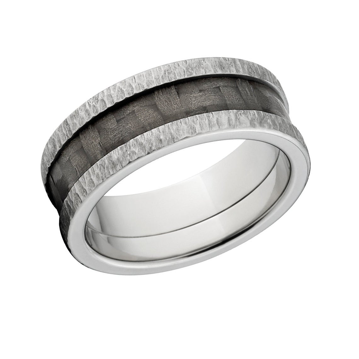 8mm wide titanium ring with tree bark edges with black carbon fiber inlay