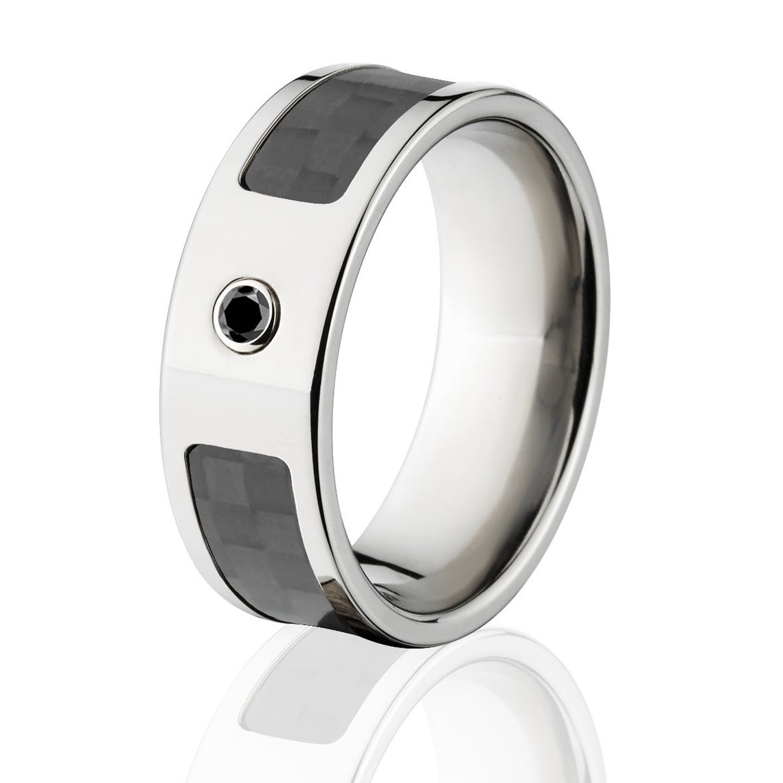 8mm wide titanium ring with a black carbon fiber ring and a bezel set black diamond
