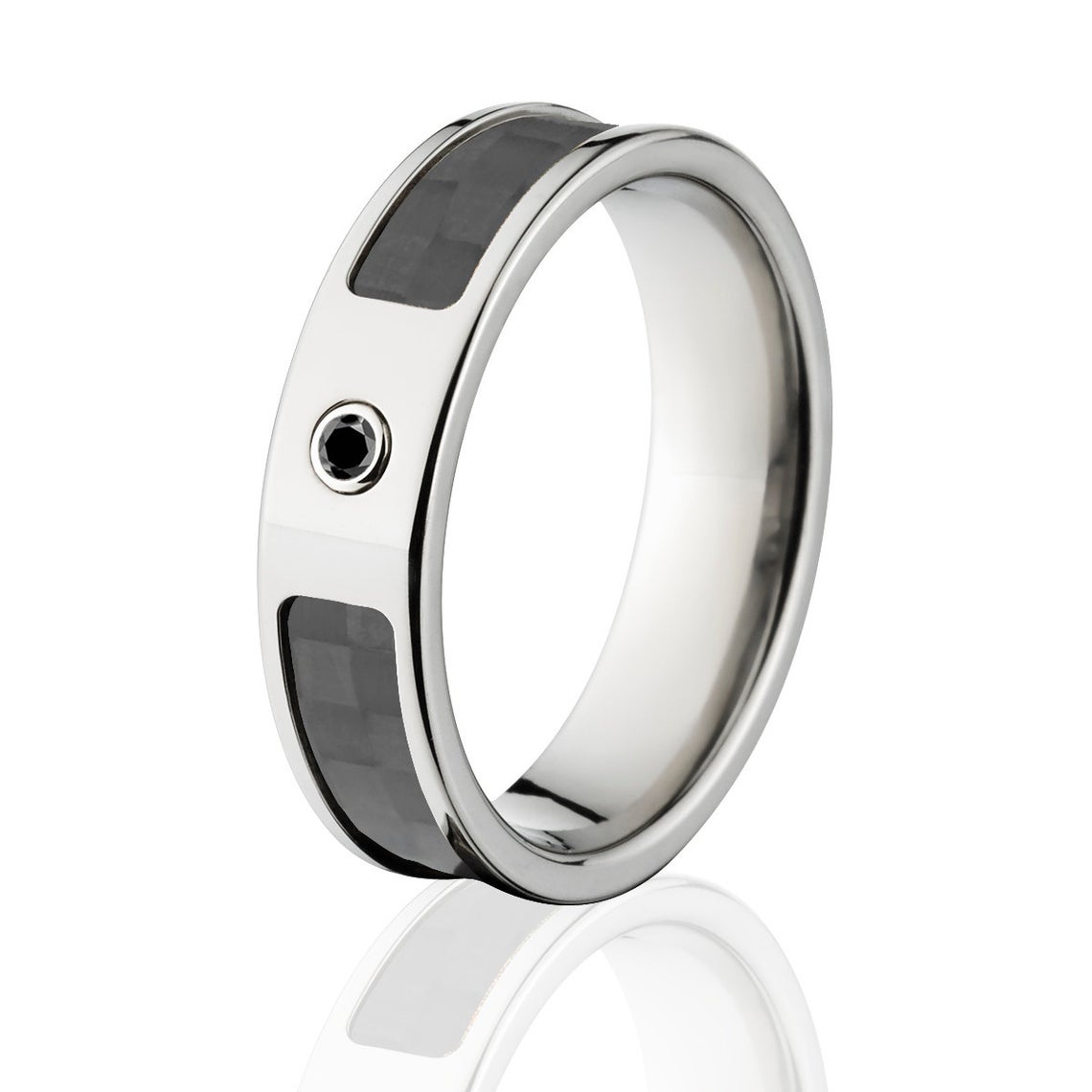 6mm wide titanium ring with a black carbon fiber with a black diamond