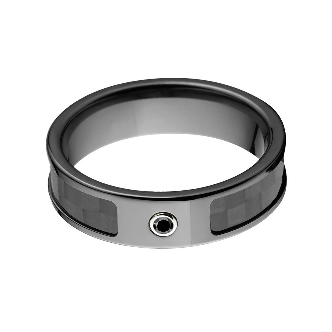 6mm wide black carbon fiber and black zirconium with a bezel set black diamond