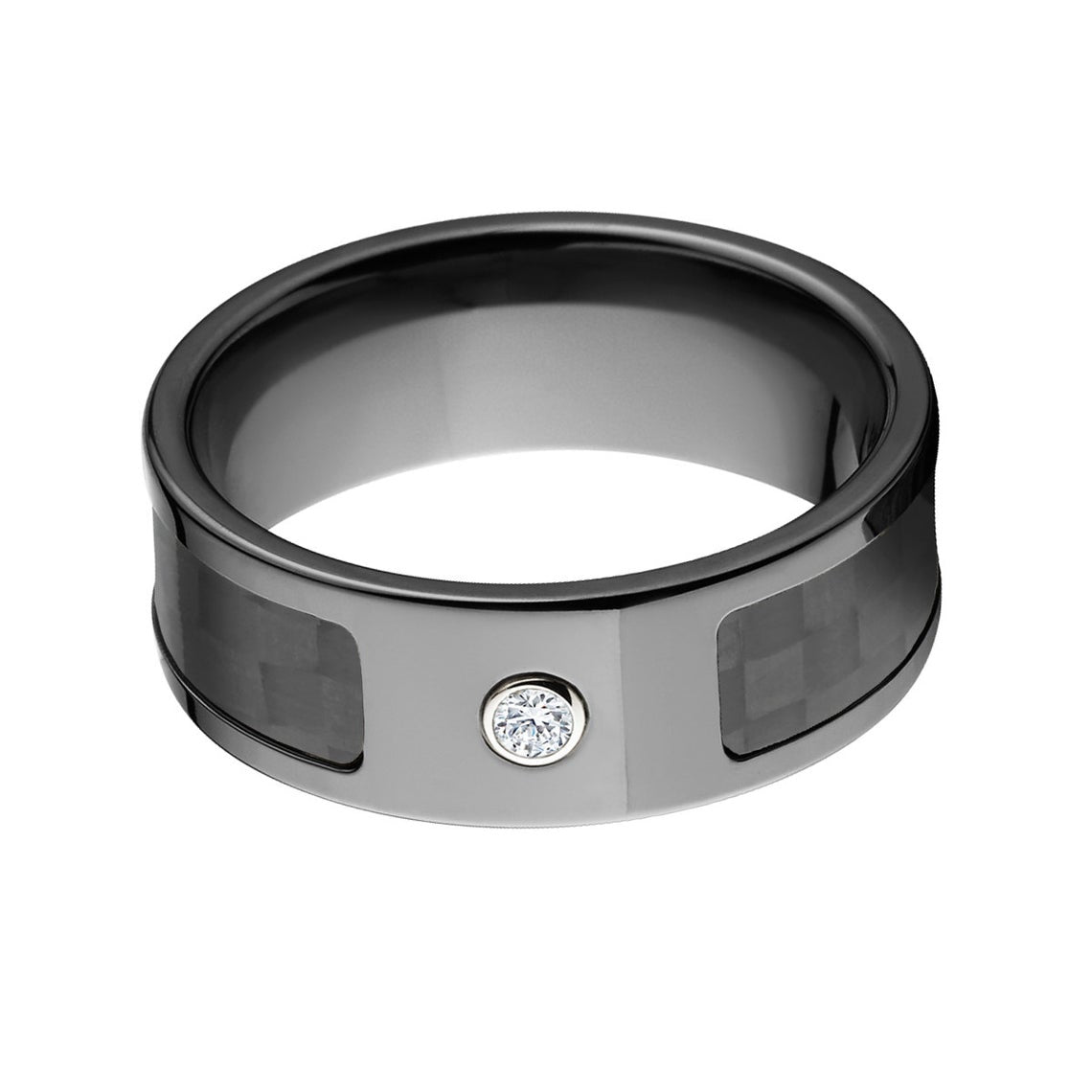 8mm wide black zirconium ring with black carbon fiber inlay and a bezel set diamond