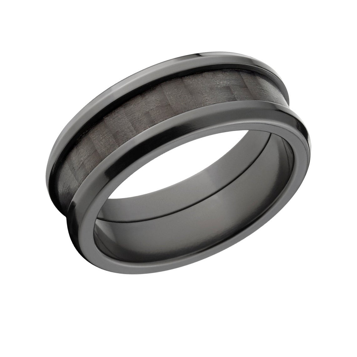 8mm wide black zirconium ring with a black carbon fiber inlay