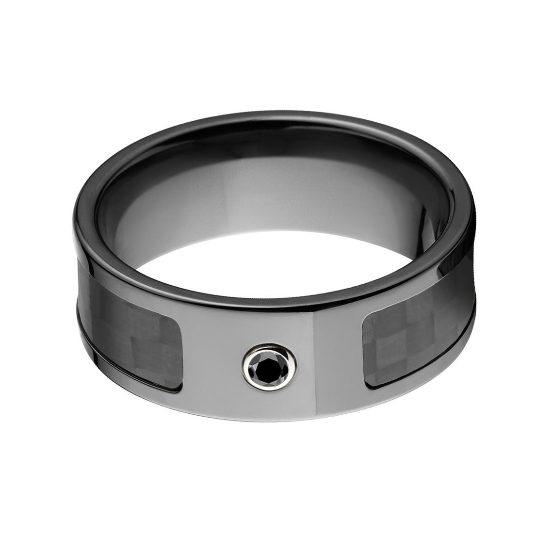 8mm wide black zirconium ring with a black carbon fiber inlay and a bezel set black diamond