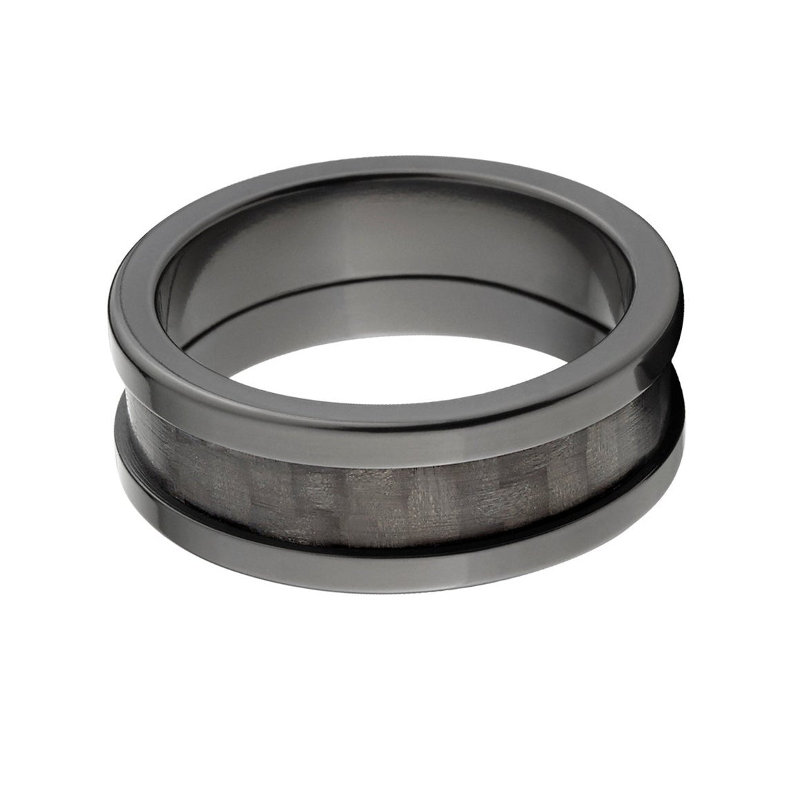 8mm wide black zirconium ring with wide edges and a black carbon fiber inlay