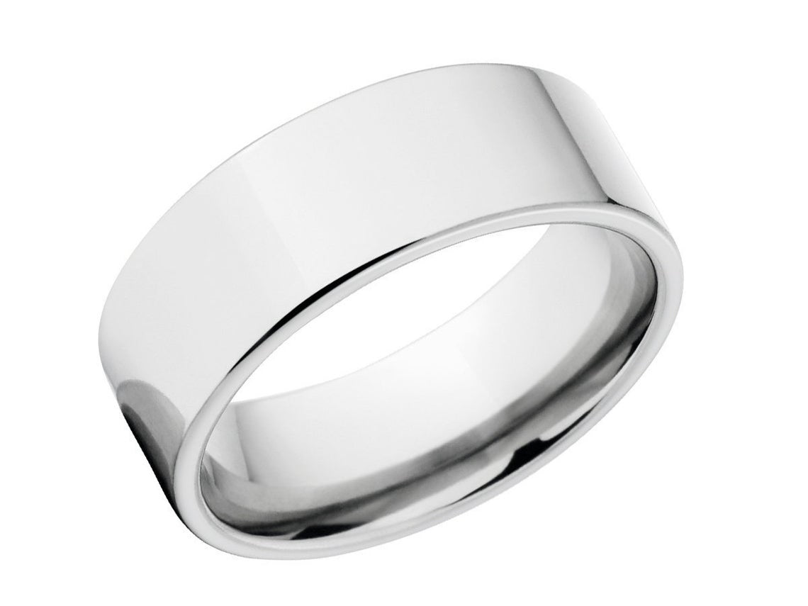 8mm wide cobalt wedding band with a polish finish and flat profile