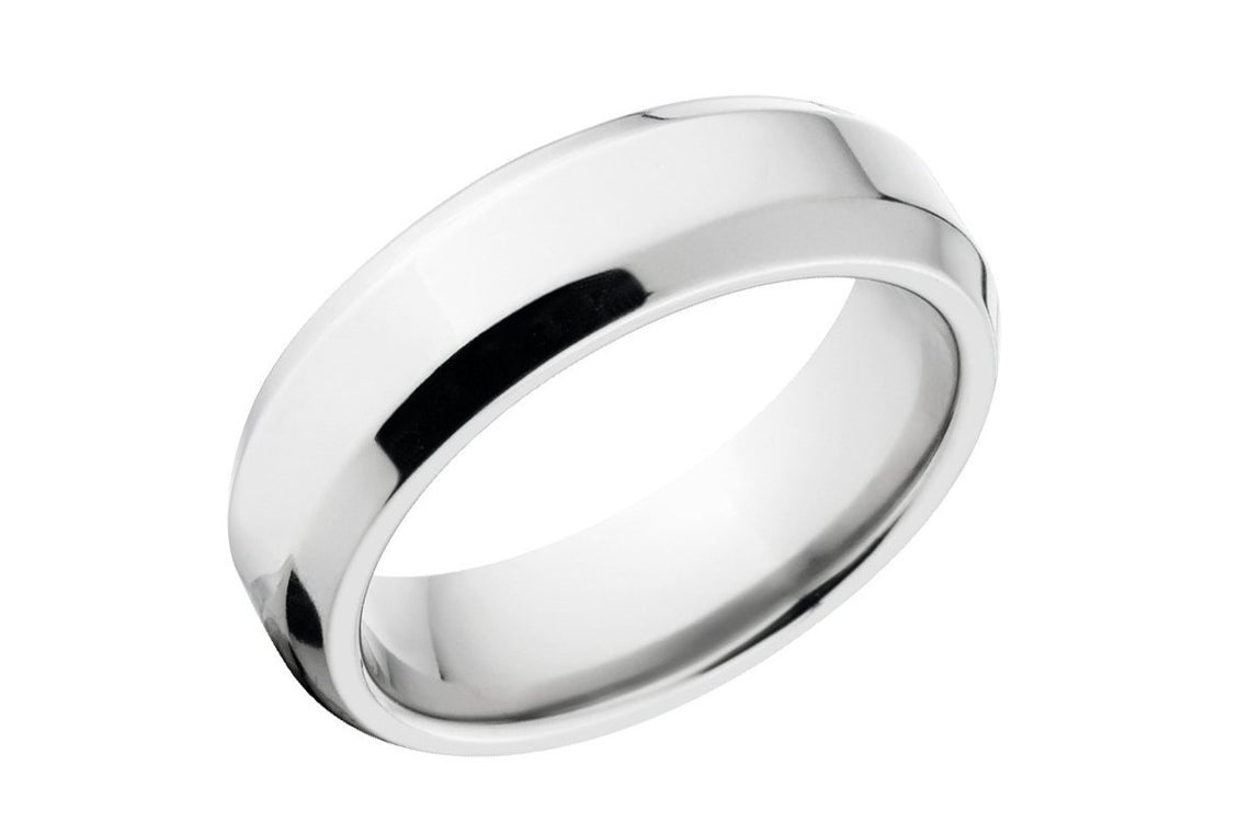6mm wide cobalt wedding band with a polish finish and beveled edges