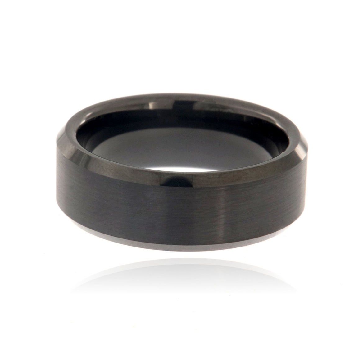 8mm wide tungsten ring with a black finish and beveled edges