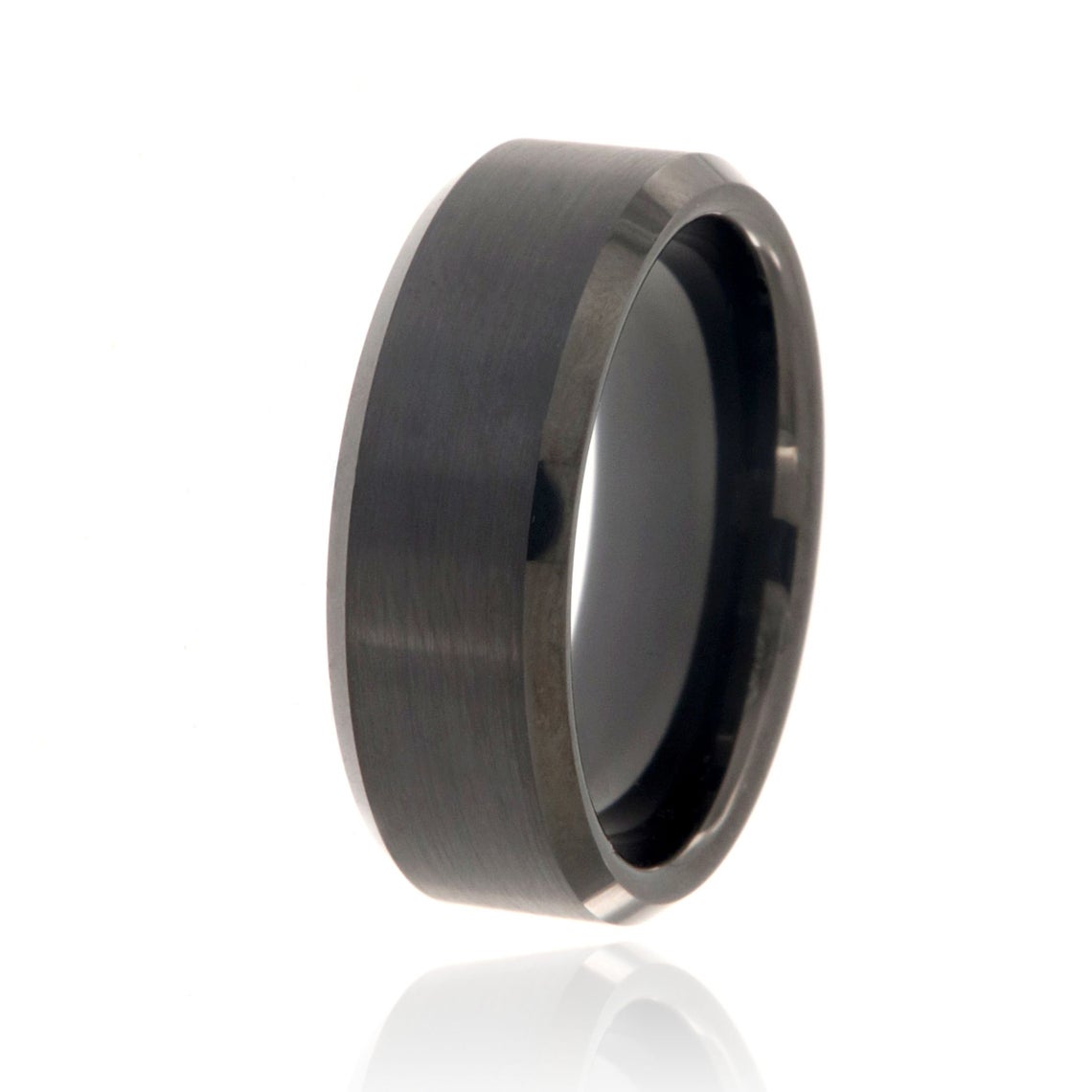 8mm wide tungsten ring with a black finish and beveled edges