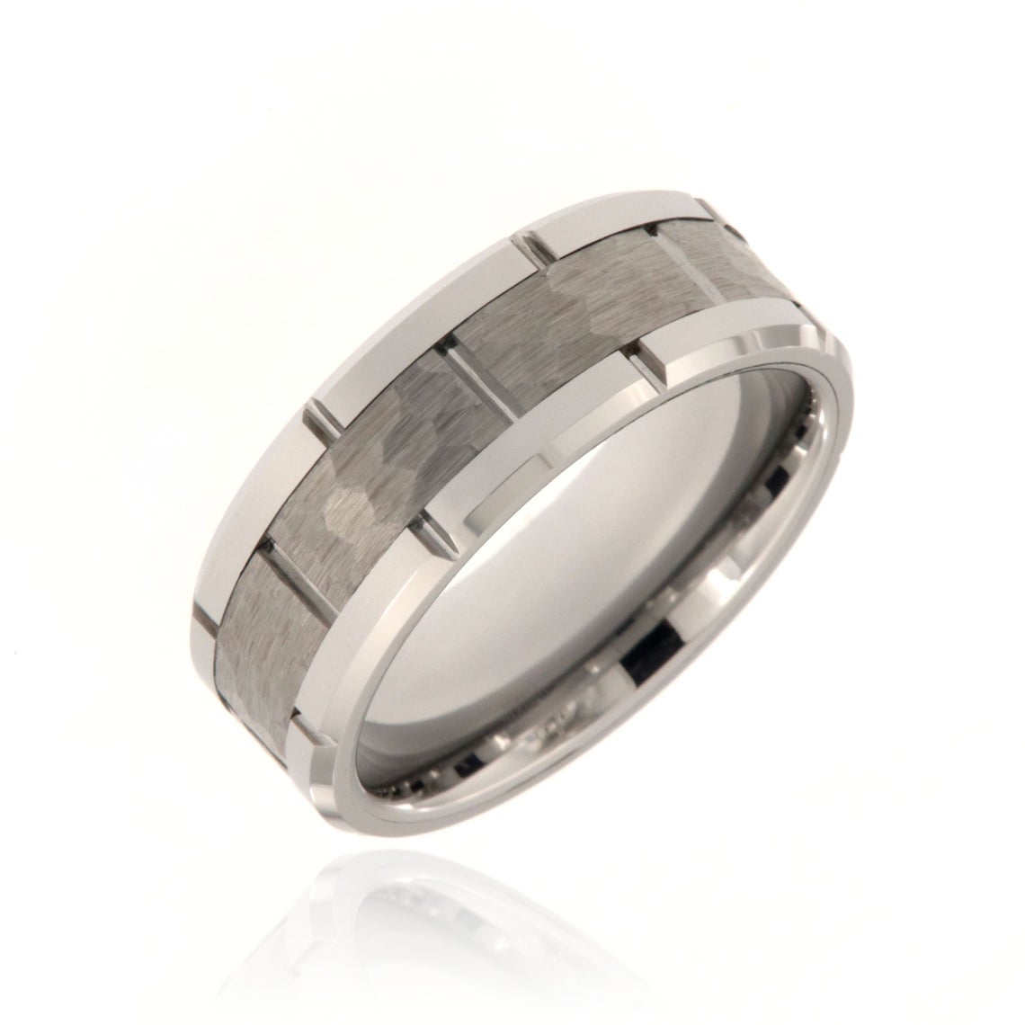 8mm wide tungsten ring with a brick-like design, a hammered finish, and beveled edges