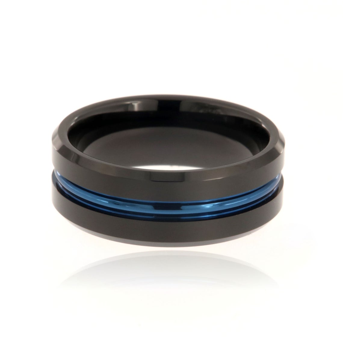 8mm wide tungsten ring with a blue centered inlay and beveled edges