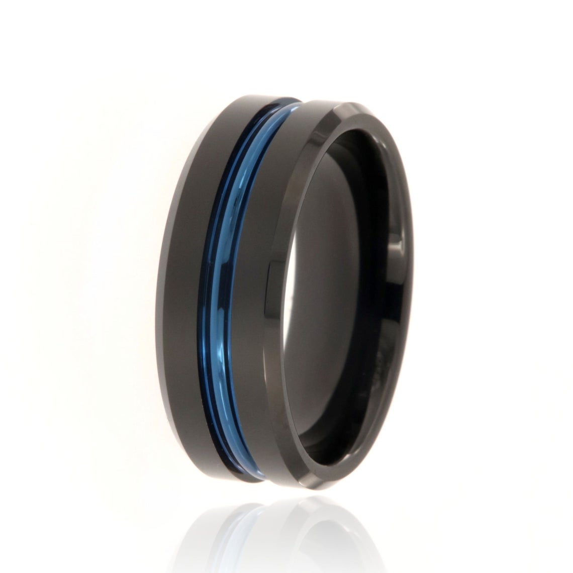 8mm wide tungsten ring with a blue centered inlay and beveled edges