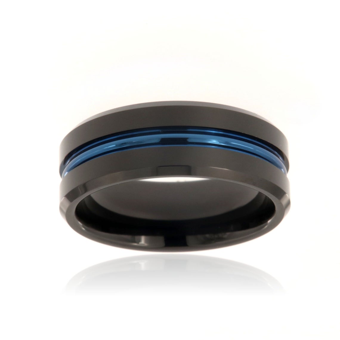 8mm wide tungsten ring with a blue centered inlay and beveled edges