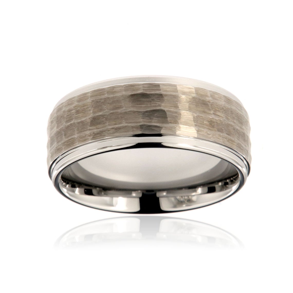 9mm wide tungsten ring with hammered center and polished edges