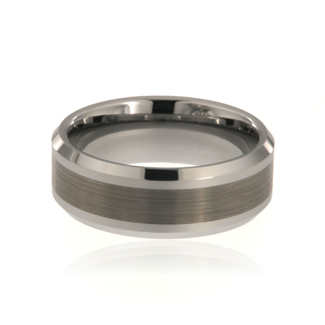 8mm wide tungsten ring with a brushed finish center and beveled edges
