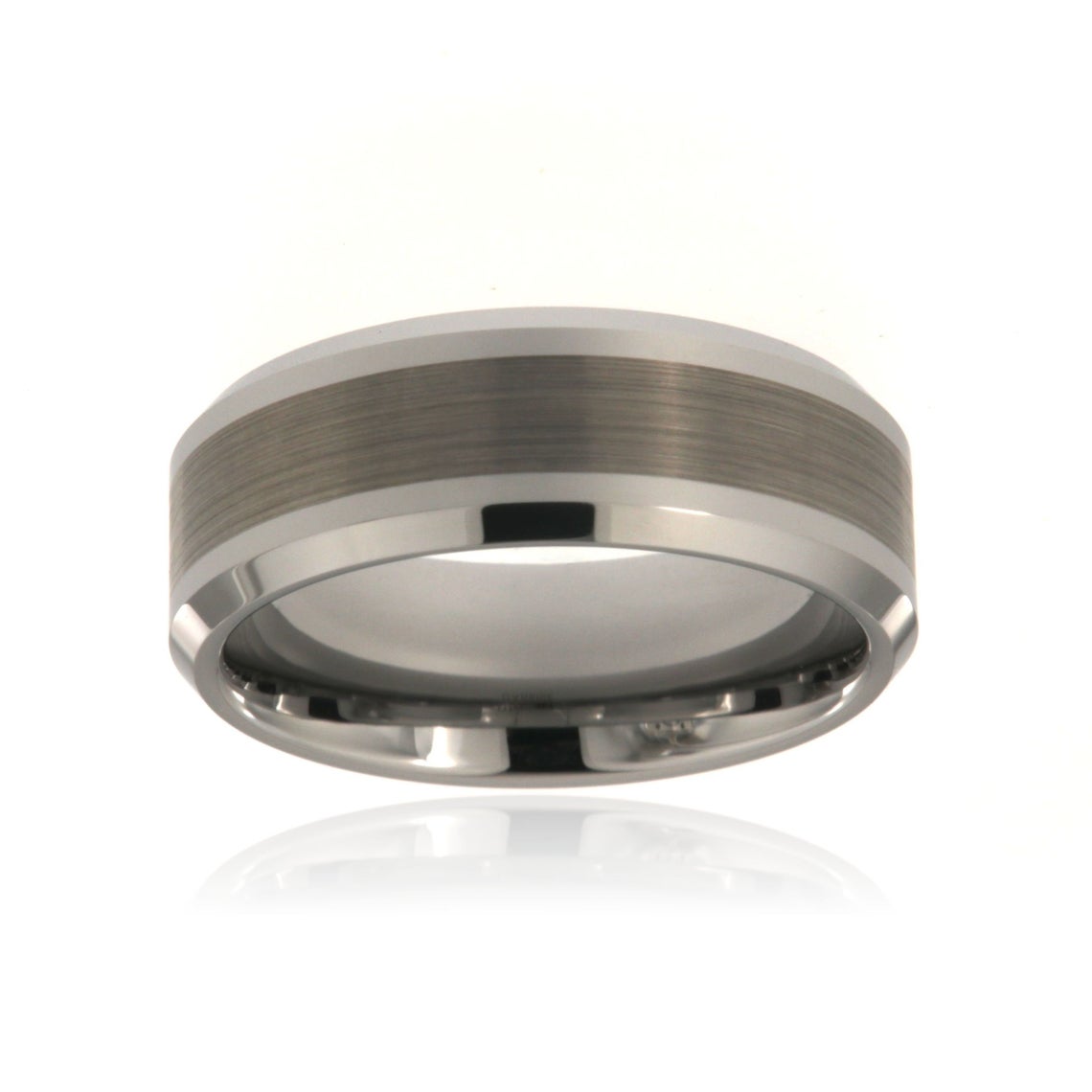 8mm wide tungsten ring with a brushed finish center and beveled edges
