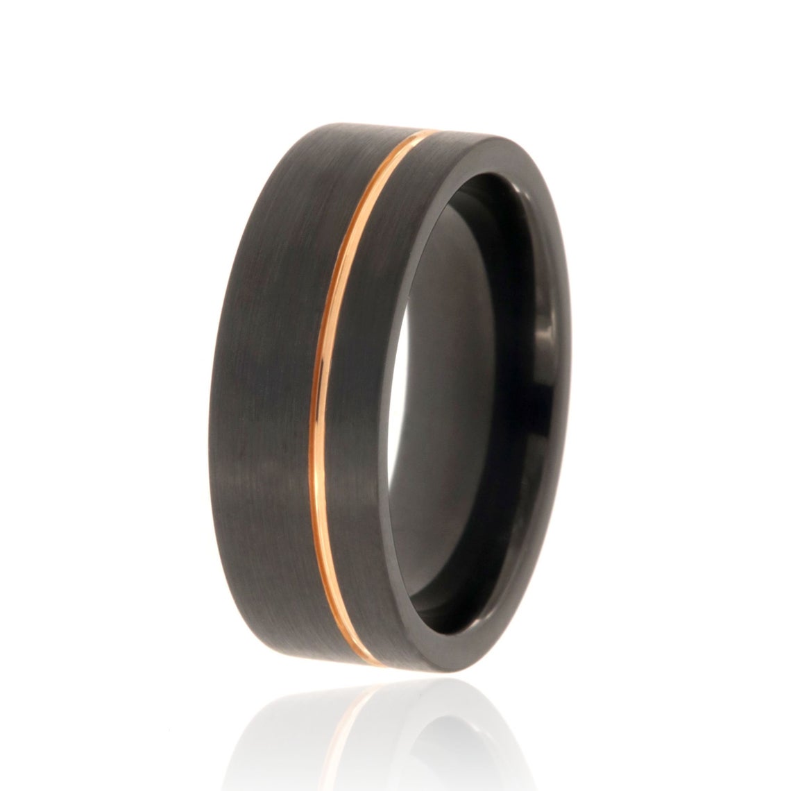 8mm wide tungsten ring with a thin rose gold groove