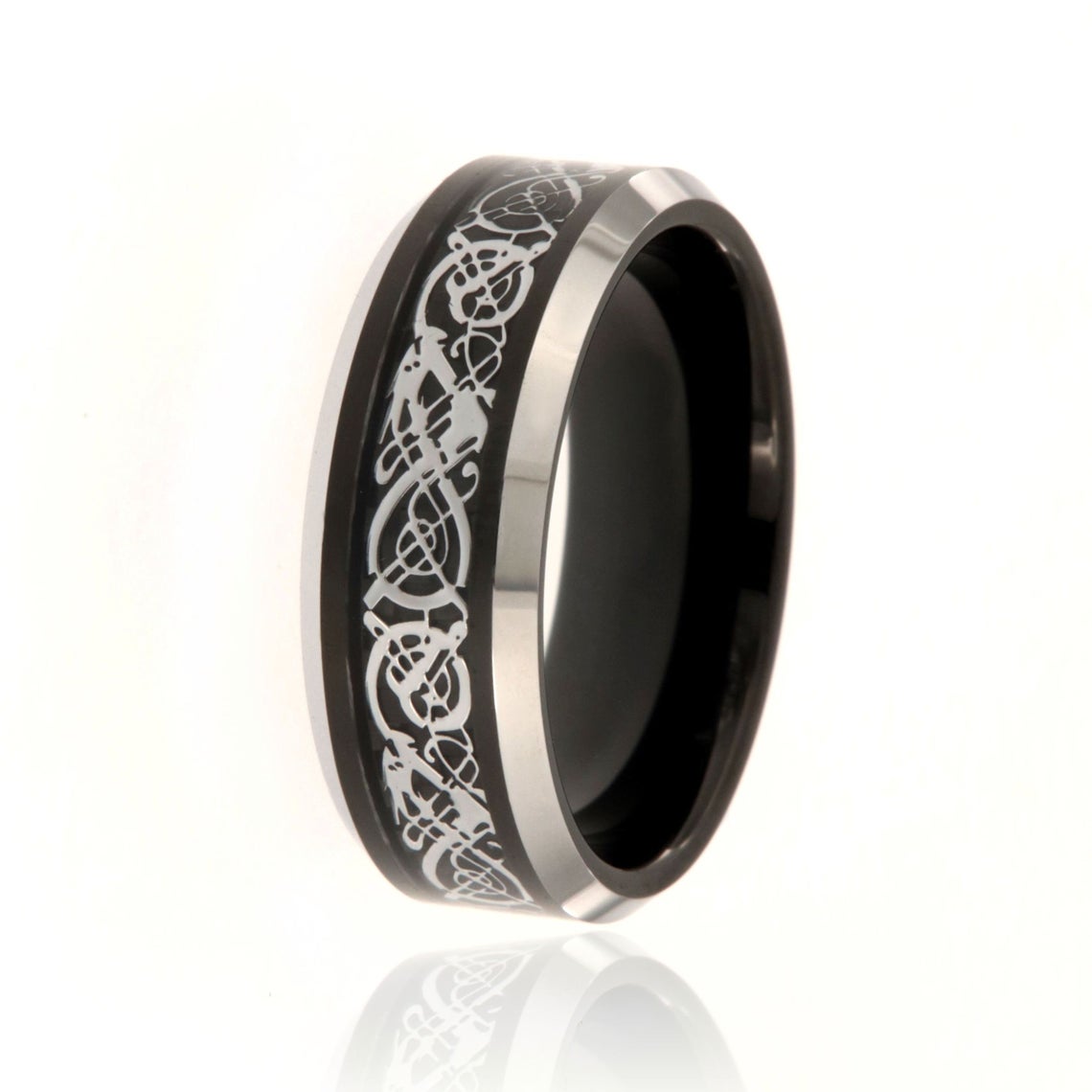 8mm wide tungsten ring with Celtic earth design and beveled edges