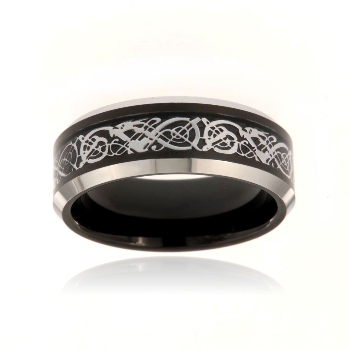 8mm wide tungsten ring with Celtic earth design and beveled edges