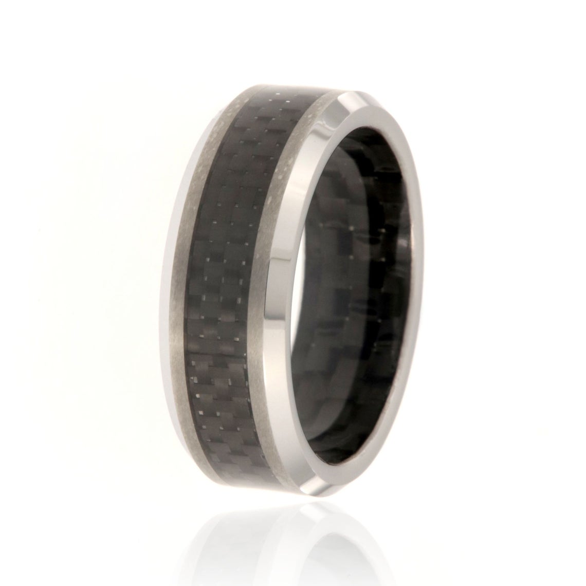 8mm wide tungsten ring with a black carbon fiber inlay and beveled edges