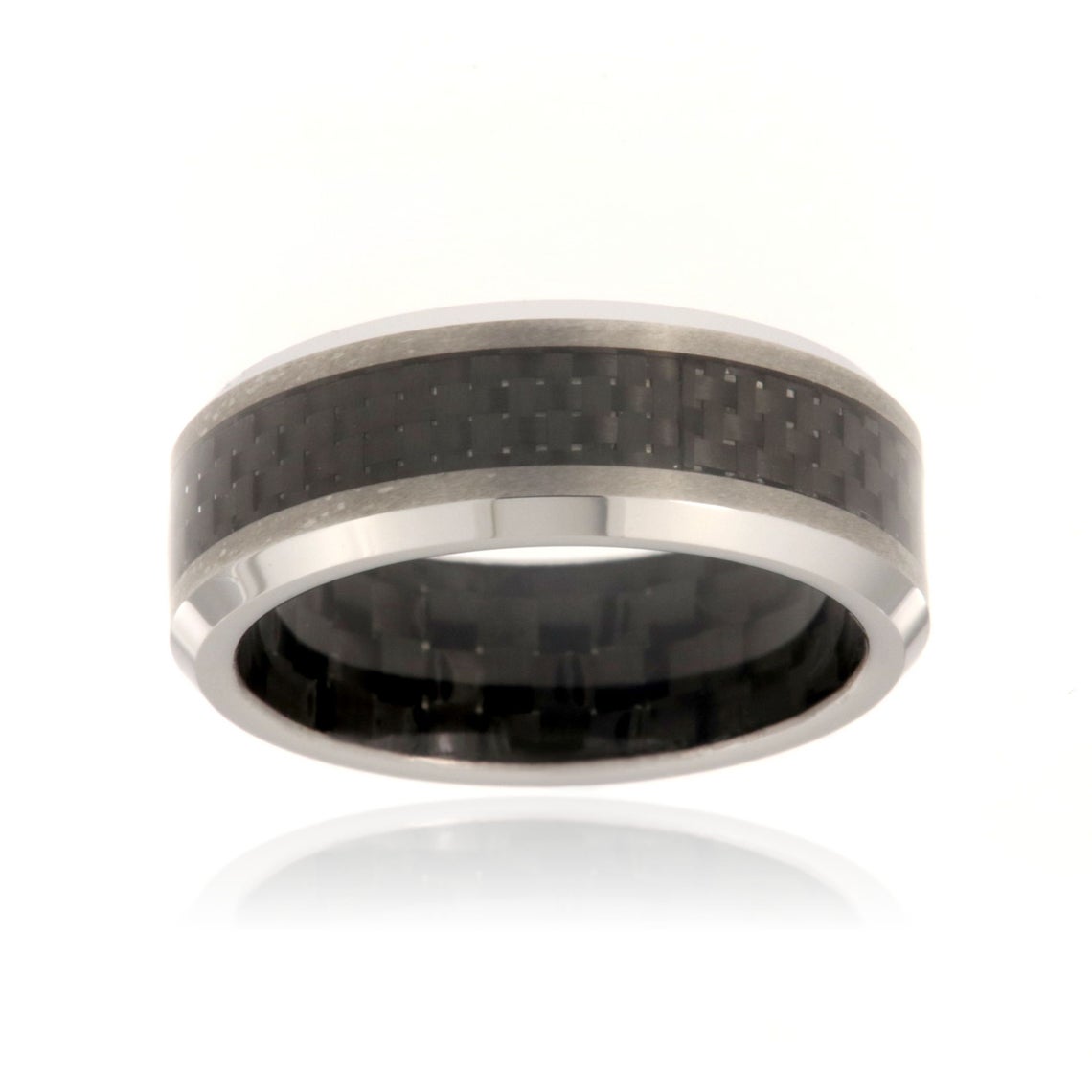 8mm wide tungsten ring with a black carbon fiber inlay and beveled edges