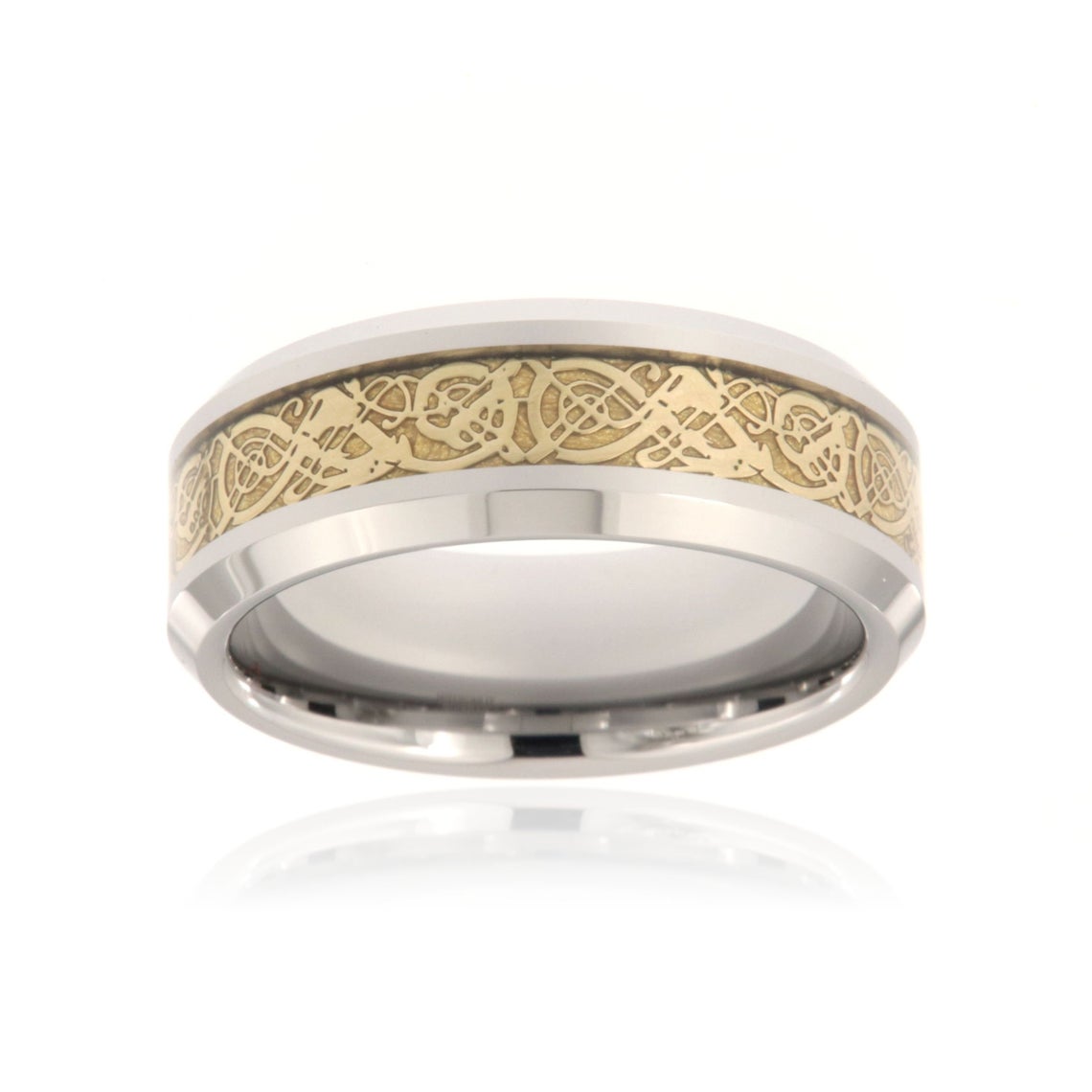 8mm wide tungsten ring with a gold Celtic center inlay