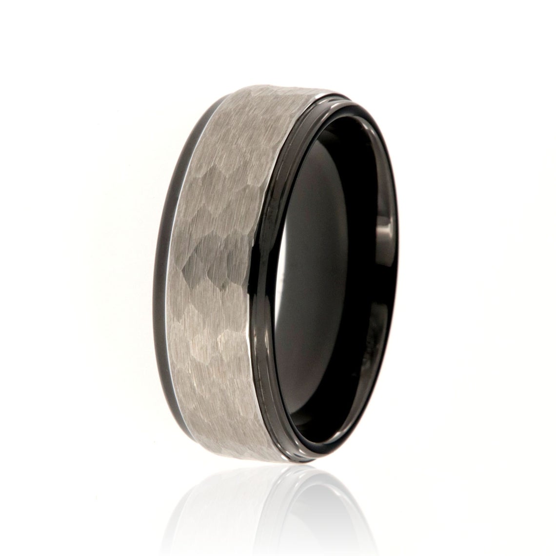 8mm wide tungsten ring with a silver-like hammered center and grooved edges