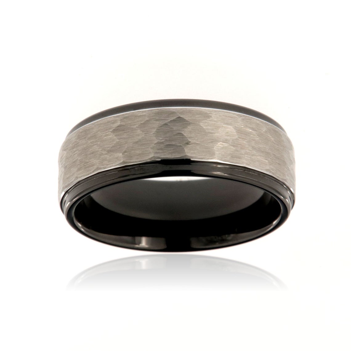 8mm wide tungsten ring with a silver-like hammered center and grooved edges