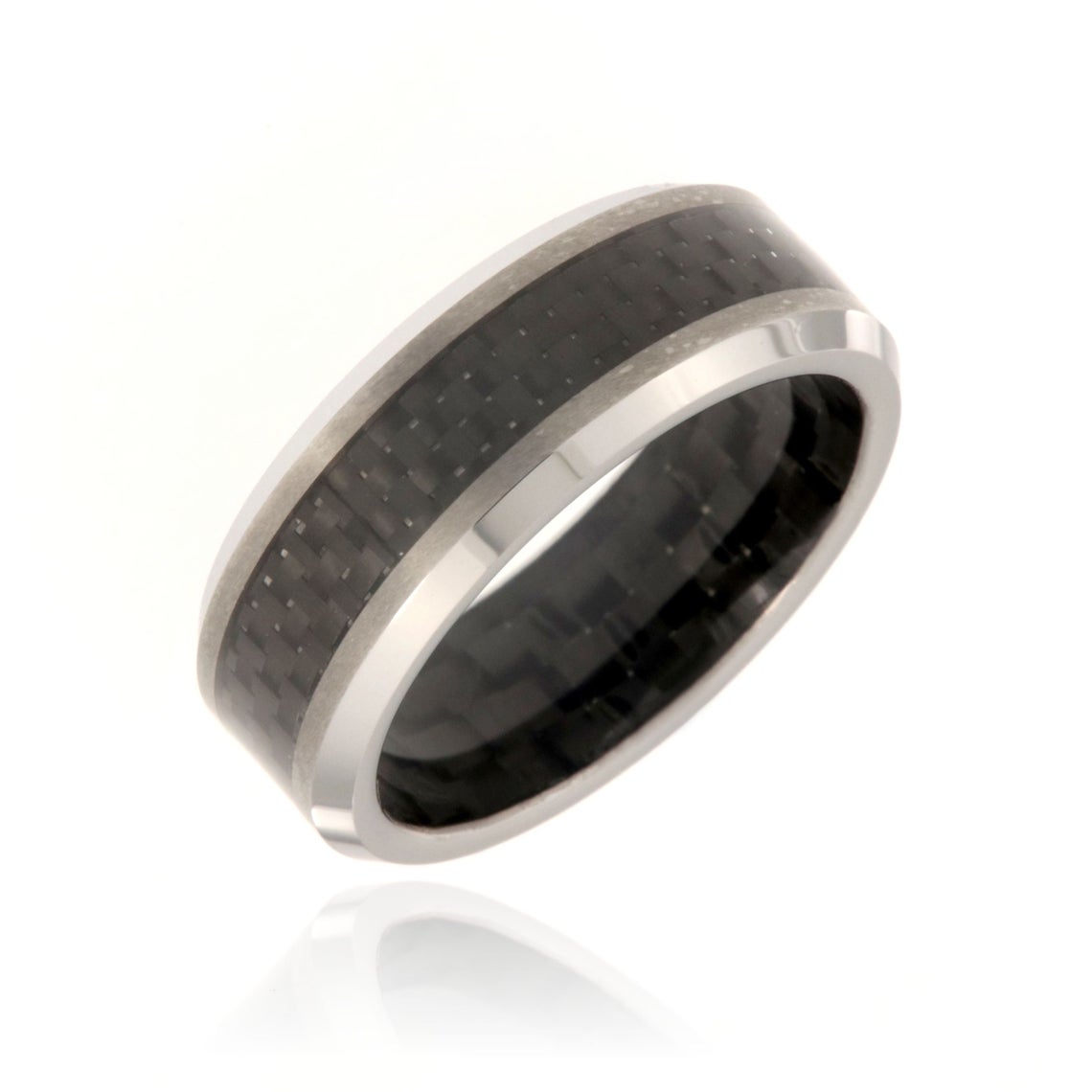 8mm wide tungsten ring with a black carbon fiber inlay and beveled edges